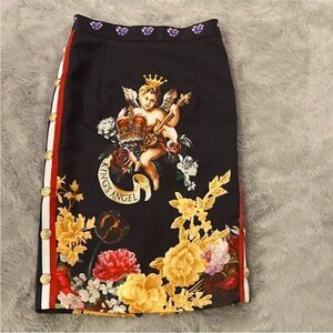 Women's Black Floral Pencil Skirt with Cherub Motif